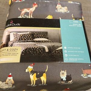 Cuddl Duds Twin Sheet Set - Festive Dogs on Gray